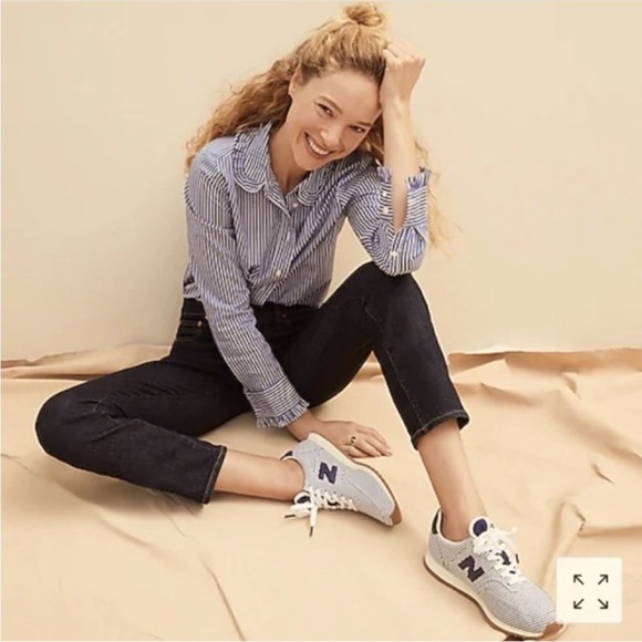 J. Crew Tops - J. Crew Ruffle-collar Cotton Poplin Shirt in Gray and White Stripe